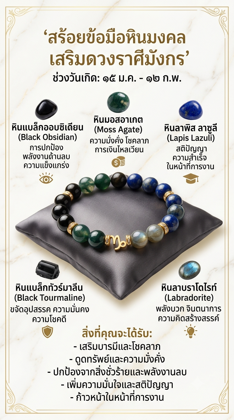 สร้อยข้อมือหินแท้เสริมมงคลราศีมังกร — Black Obsidian, Moss Agate, Lapis Lazuli, Black Tourmaline, Labradorite