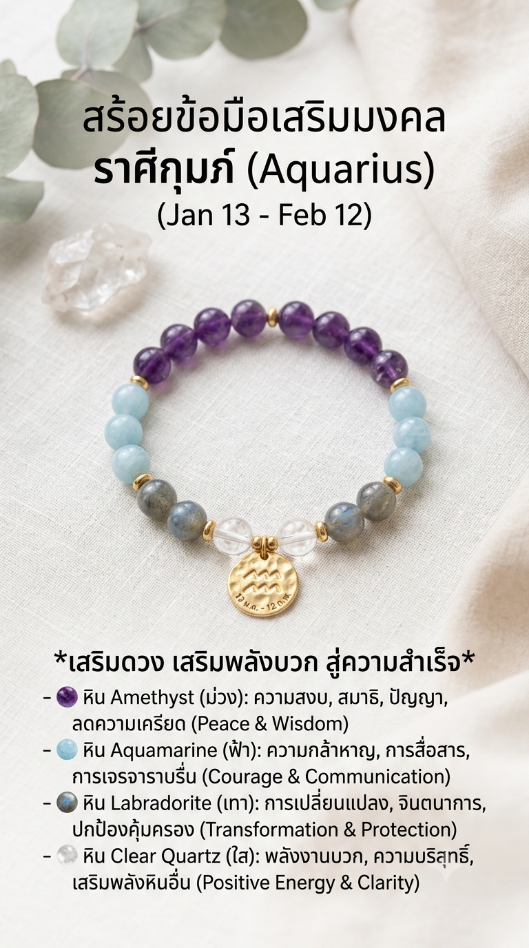 สร้อยข้อมือหินแท้เสริมมงคลราศีกุมภ์ — Amethyst, Aquamarine, Labradorite, Clear Quartz