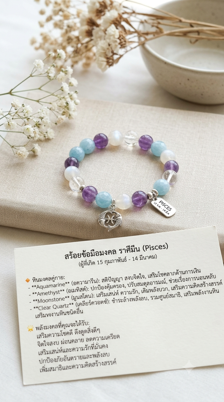 สร้อยข้อมือหินแท้เสริมมงคลราศีมีน — Aquamarine, Amethyst, Moonstone, Clear Quartz