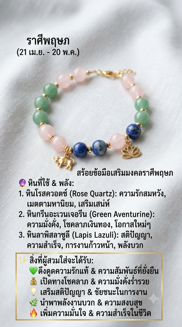 สร้อยข้อมือหินแท้เสริมมงคลราศีพฤษภ — Rose Quartz, Green Aventurine, Lapis Lazuli