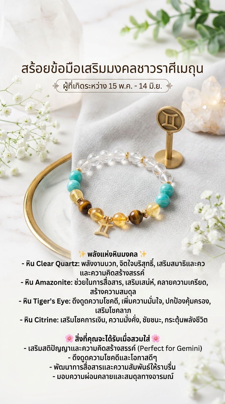 สร้อยข้อมือหินแท้เสริมมงคลราศีเมถุน — Clear Quartz, Amazonite, Tiger's Eye, Citrine