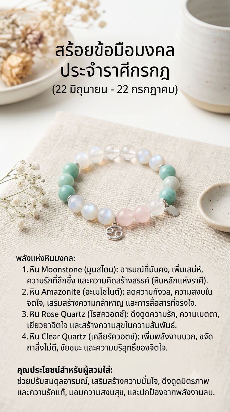 สร้อยข้อมือหินแท้เสริมมงคลราศีกรกฎ — Moonstone, Amazonite, Rose Quartz, Clear Quartz