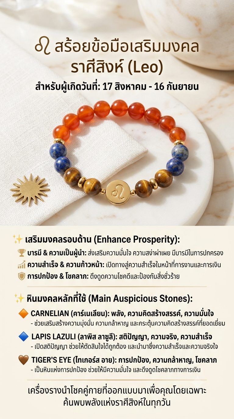 สร้อยข้อมือหินแท้เสริมมงคลราศีสิงห์ — Carnelian, Lapis Lazuli, Tiger's Eye