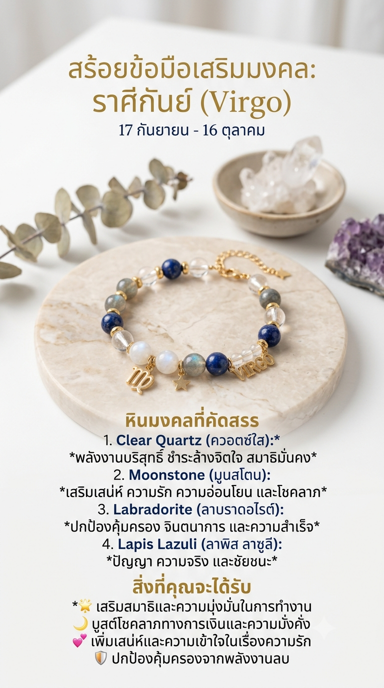 สร้อยข้อมือหินแท้เสริมมงคลราศีกันย์ — Clear Quartz, Moonstone, Labradorite, Lapis Lazuli