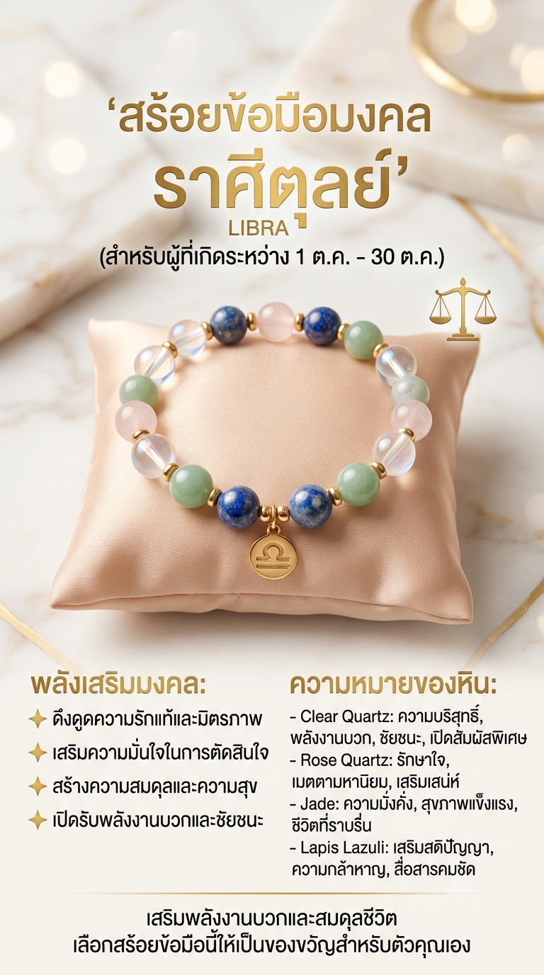 สร้อยข้อมือหินแท้เสริมมงคลราศีตุลย์ — Clear Quartz, Rose Quartz, Jade, Lapis Lazuli