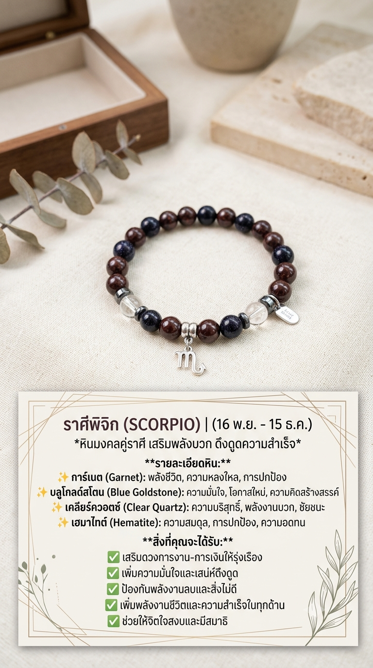 สร้อยข้อมือหินแท้เสริมมงคลราศีพิจิก — Garnet, Blue Goldstone, Clear Quartz, Hematite