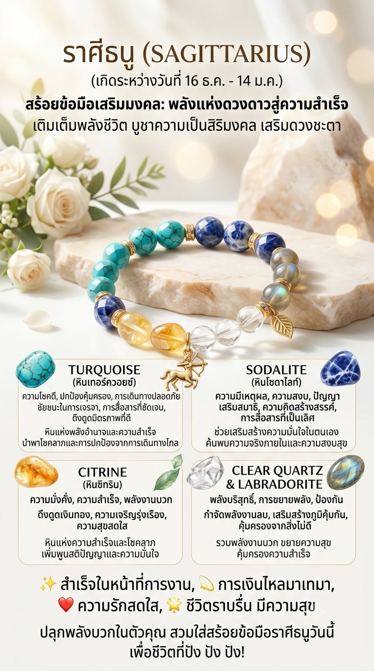 สร้อยข้อมือหินแท้เสริมมงคลราศีธนู — Turquoise, Sodalite, Citrine, Clear Quartz, Labradorite